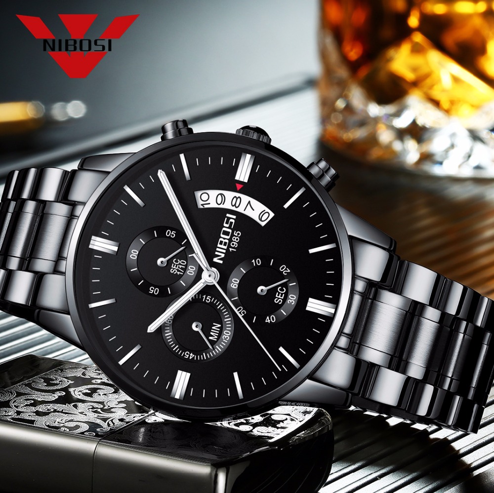 Luxury Watch All Black - NIBOSI Jam Tangan Kuarsa Baja Tahan