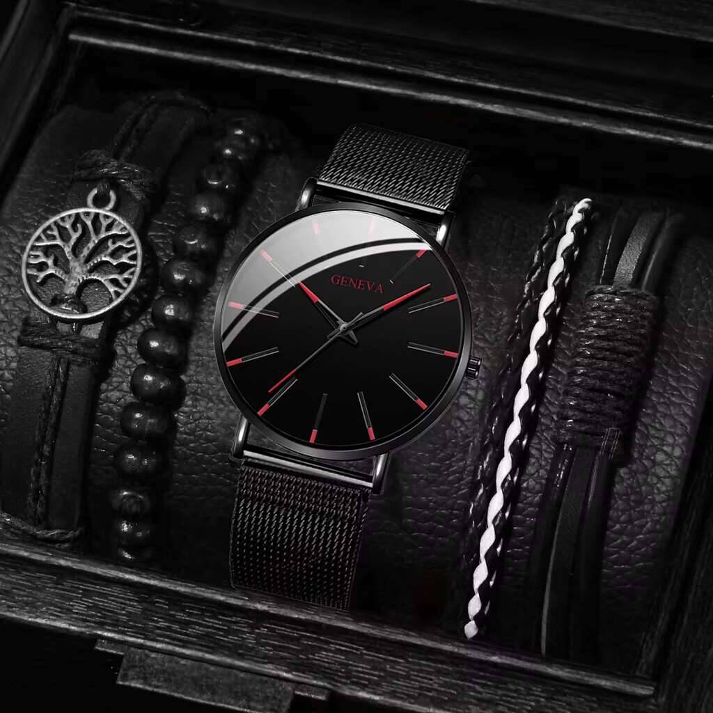 Luxury Watch All Black - Jam tangan pria, 5 buah/Set Fashion